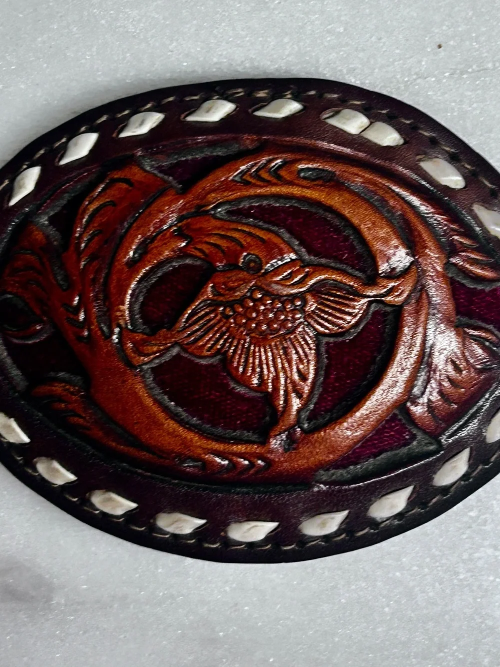 Vintage ~Hand-Tooled Brown Floral Leather Backstitching Belt Buckle W/Red Inlay